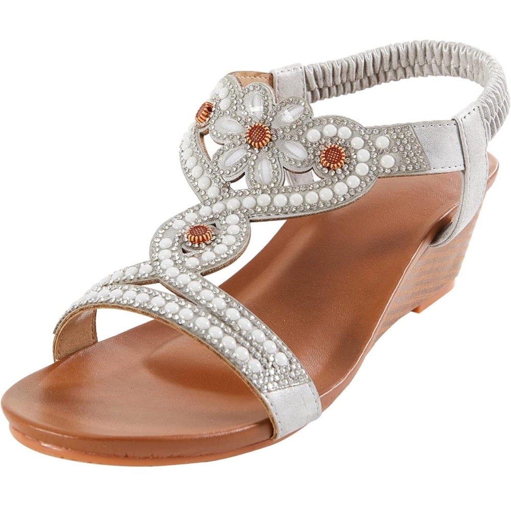 NWT WOJWSKI Women's Open-Toe, Slide Wedge Sandal in Silver w/Rhinestones-Size 11